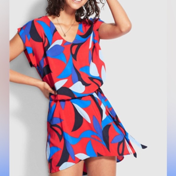 Seafolly Women Cover Up Dress Small Red Black‎ Abstract Resort Cap Sleeve Mini - Picture 1 of 13